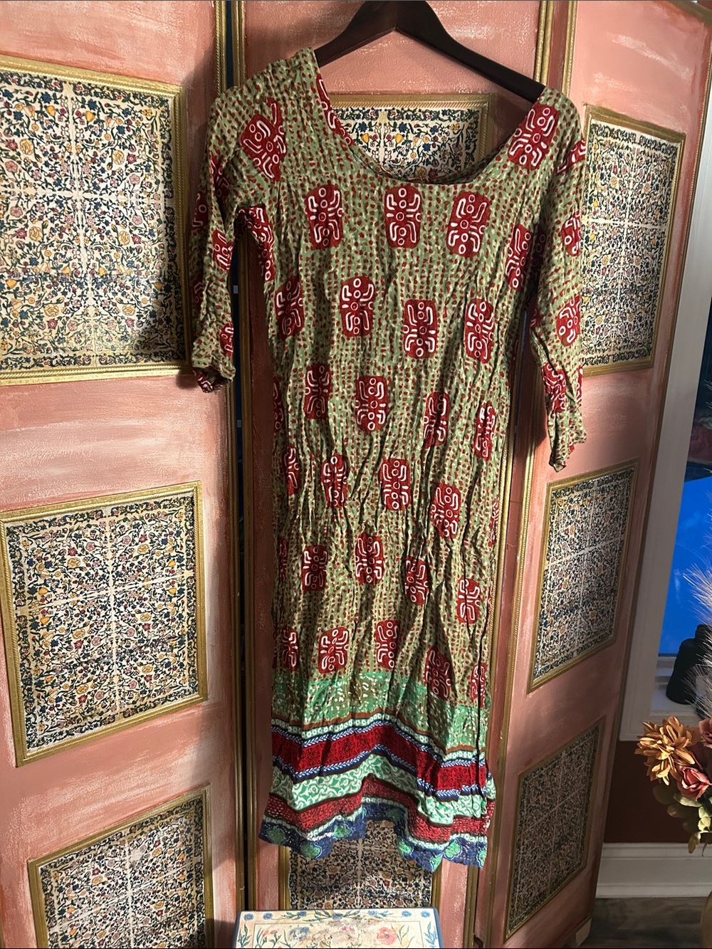 Handmade Boho Green & Red Printed Midi India style shirt/dress